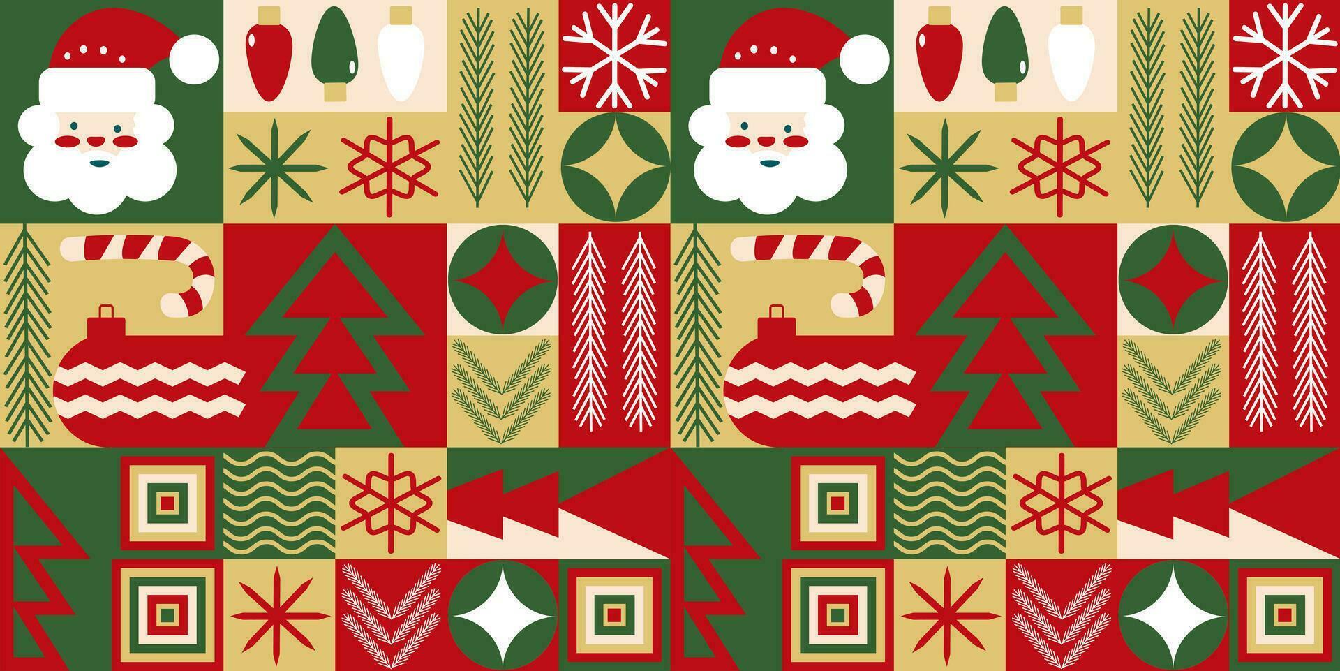 Christmas mosaic icons with geometric seamless pattern for wrapping paper, background, trendy, modern abstract design, style, vector illustration.