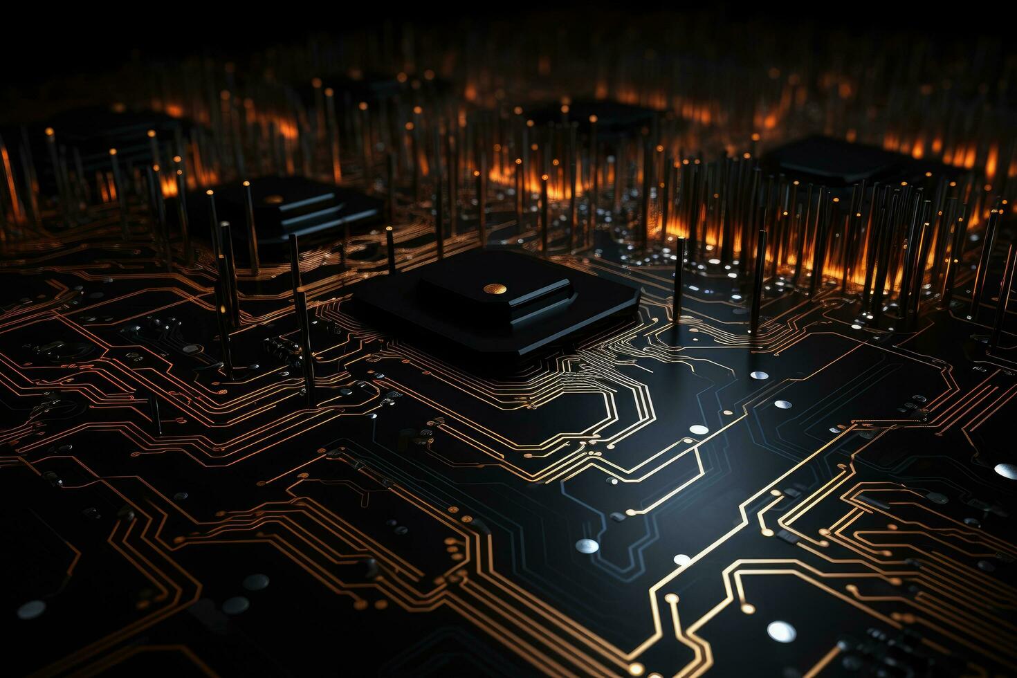 AI generated Closeup of electronic circuit board with microchips. 3d rendering, Futuristic technology wallpaper with digital waves and circuit board patterns against a black background, AI Generated photo