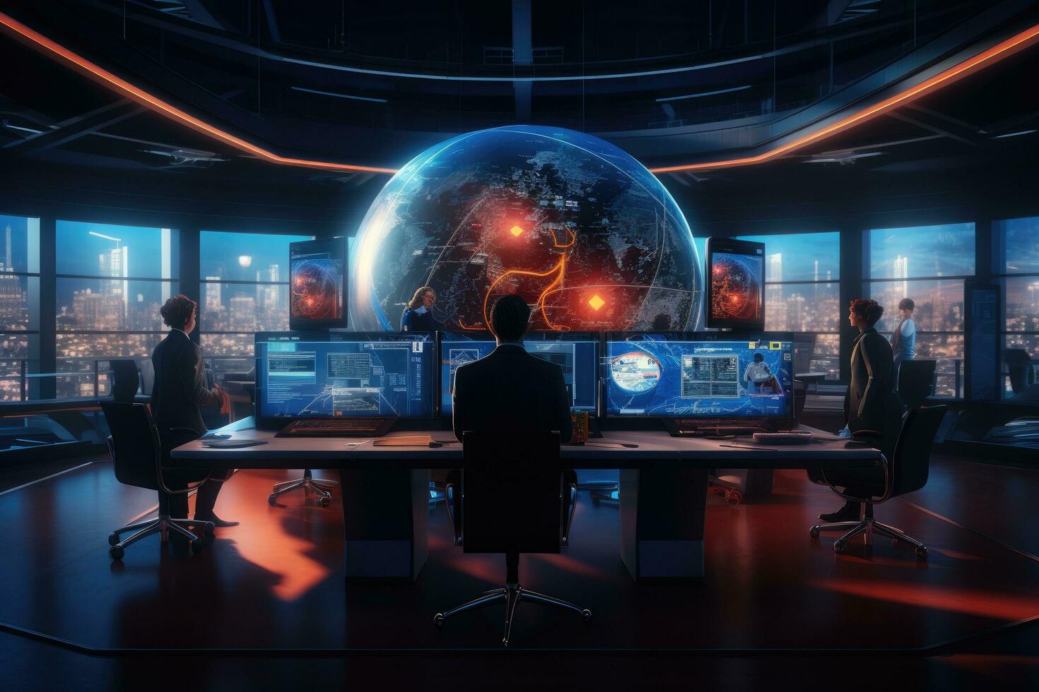 AI generated Silhouette of businessman in modern office interior with planet Earth. 3D rendering, Futuristic cyber security workspace with a team of modern businessmen collaborating, AI Generated photo