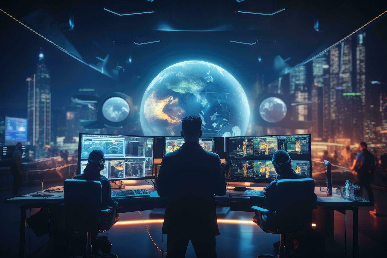 AI generated Back view of businessman looking at planet earth and other monitors. Technology concept, Futuristic cybersecurity workspace with a team of security professionals collaborating photo