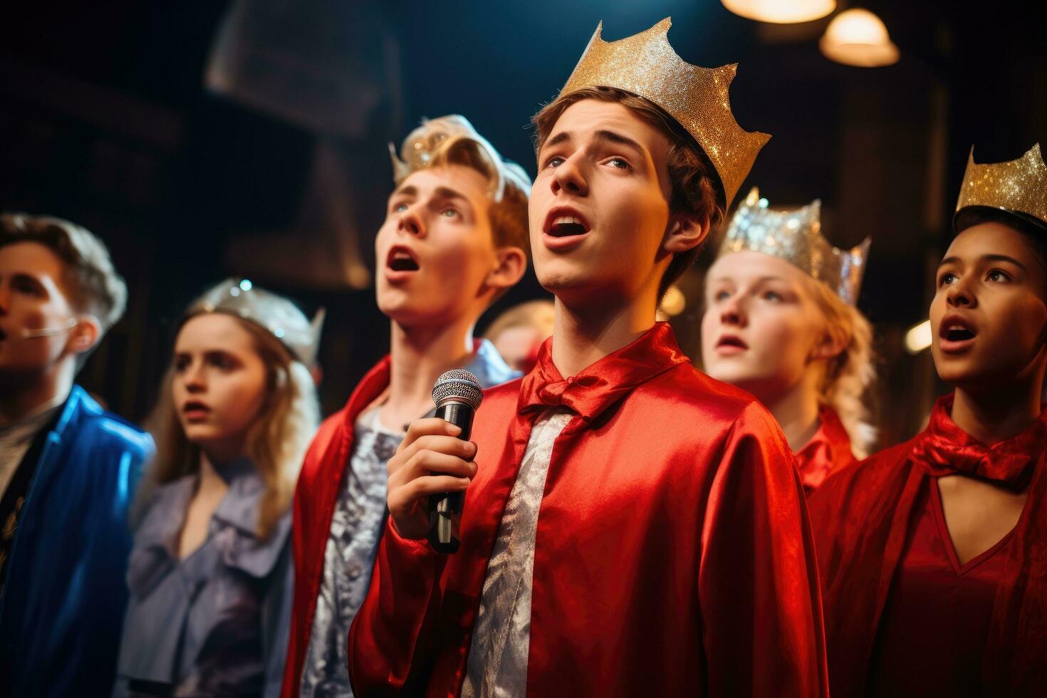 AI generated Young boy in a red cloak and a crown on his head sings into the microphone, group of young people perform St, AI Generated photo