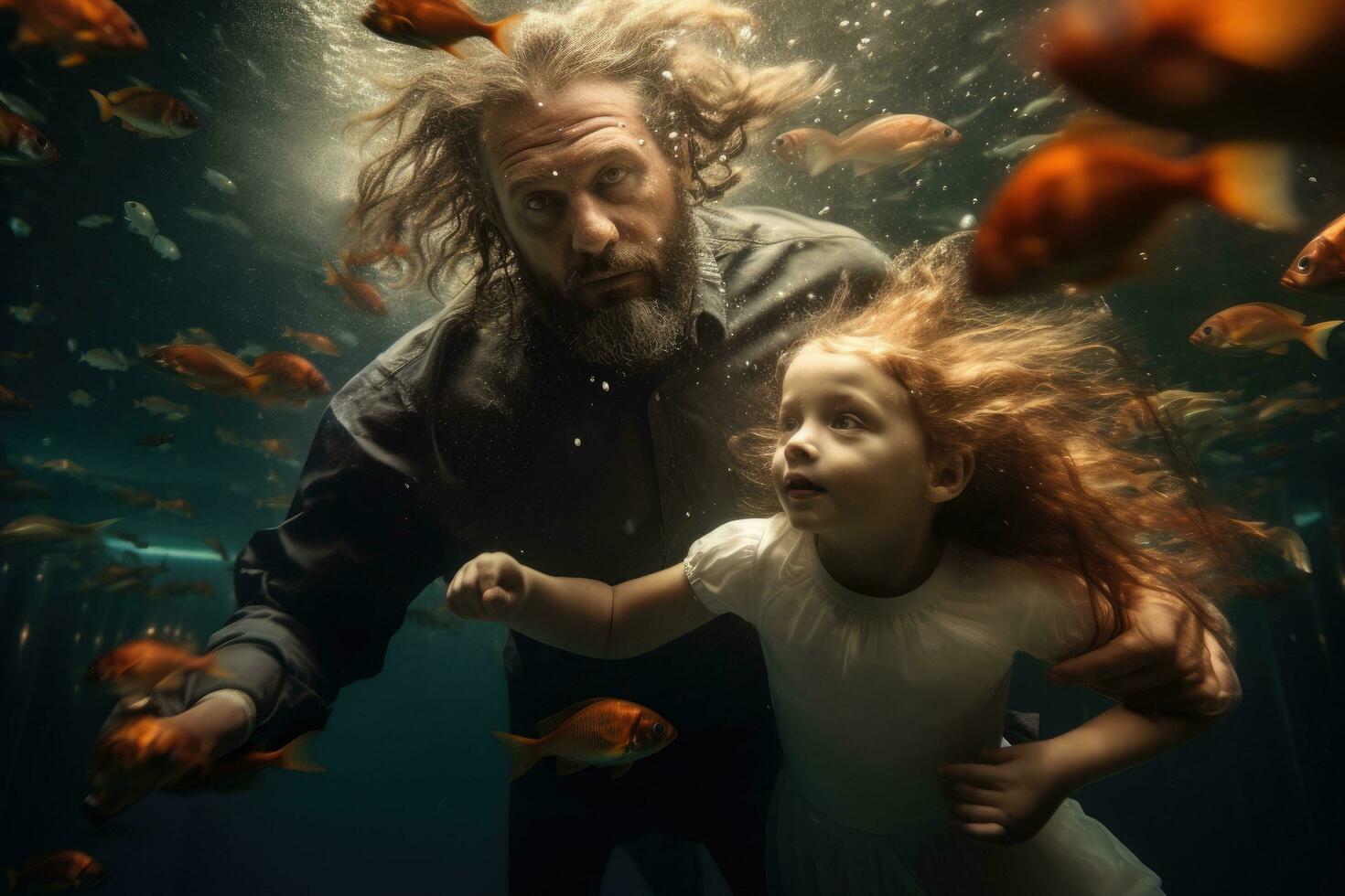 ai generado retrato de un hombre y un pequeño niña en un acuario, padre y hijas nadando submarino en el piscina, ai generado foto