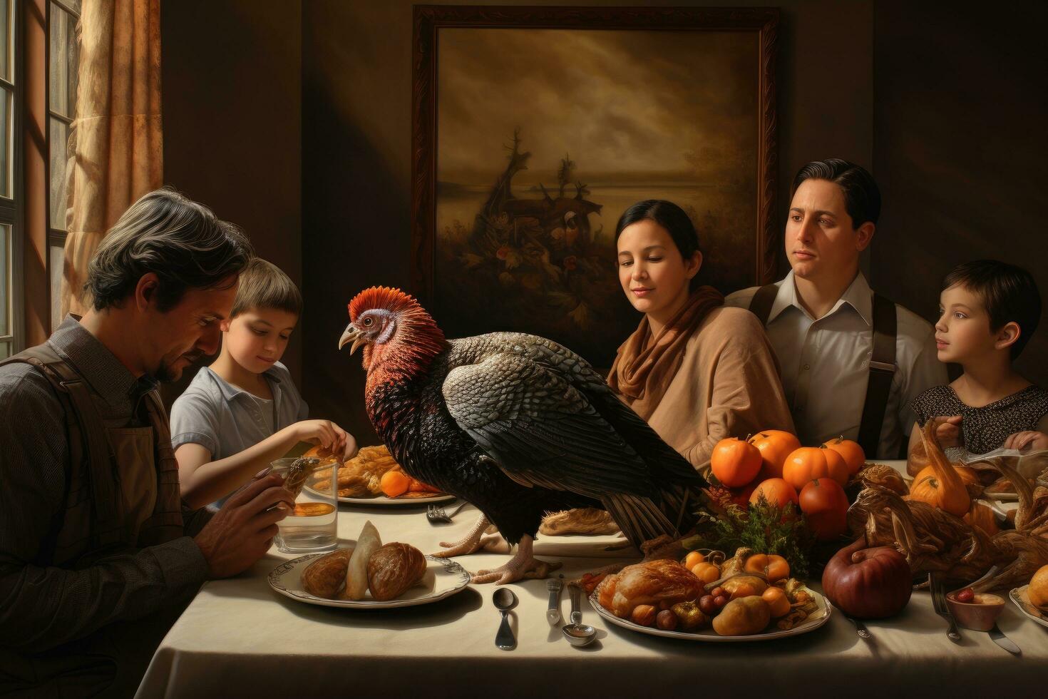 AI generated Happy family at Thanksgiving table with turkey and other food in dark room, family thanksgiving with turkey, AI Generated photo