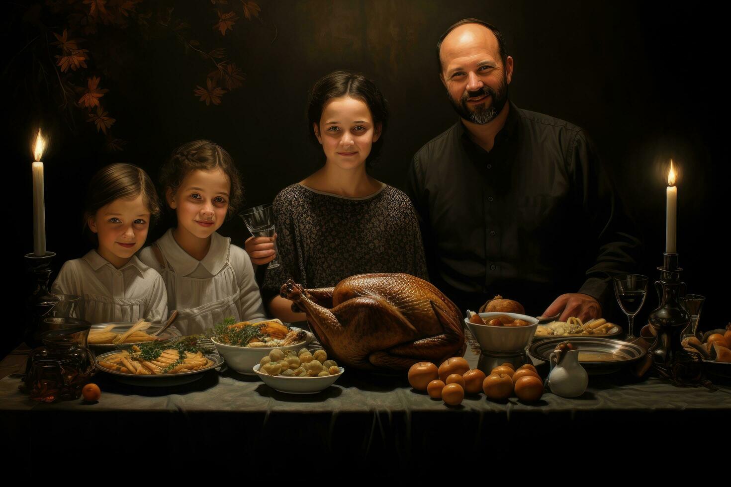 AI generated Happy family with a turkey on the table. Thanksgiving dinner. Family dinner, family thanksgiving with turkey, AI Generated photo