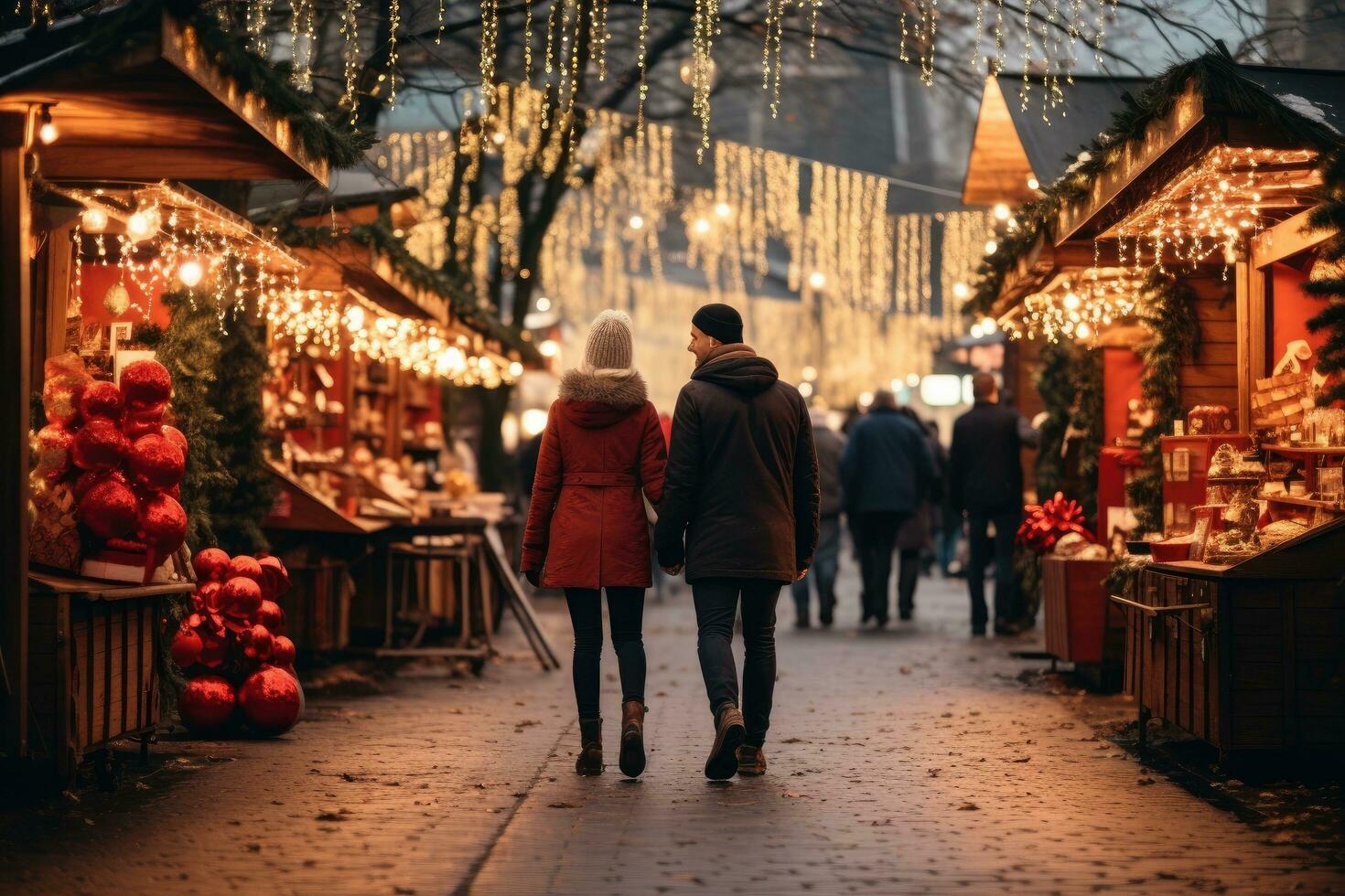 AI generated Couple walking on the street at Christmas market in Vilnius, Lithuania, Enjoying Christmas Market, a couple walking near stalls, AI Generated photo