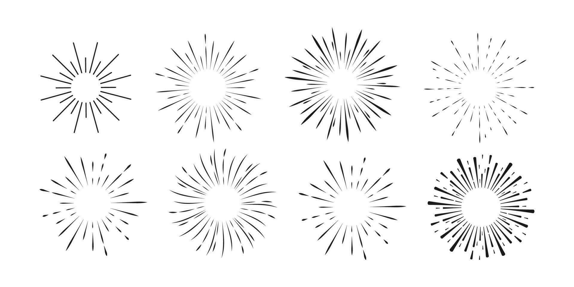 Set Fireworks, rays, sunburst frames circle border decoration, sparkle in doodle style, line sketch explosion isolated on white background. Vector illustration