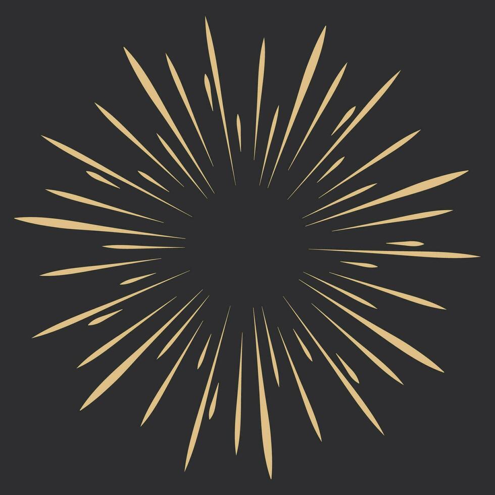 Golden Fireworks, rays, sunburst frames circle border decoration, sparkle in doodle style, line sketch explosion isolated on dark background. Vector illustration