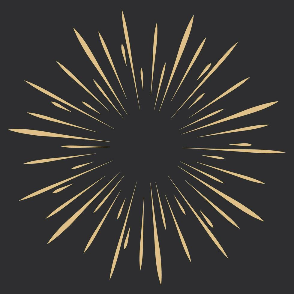 Golden Fireworks, rays, sunburst frames circle border decoration, sparkle in doodle style, line sketch explosion isolated on dark background. Vector illustration