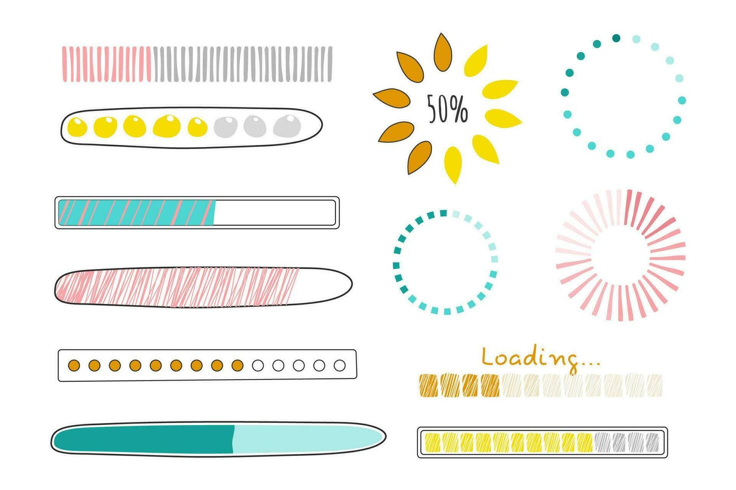 Set Loading bar, progress in doodle style isolated on white background. Indicator, line hand drawn sketch. Vector illustration