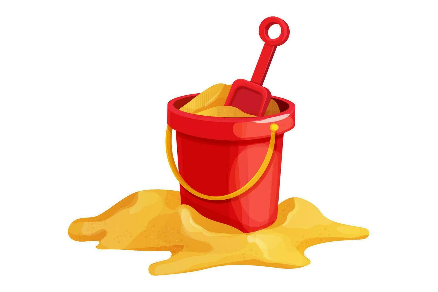Red bucket with shovel on golden sand, toys in cartoon style isolated on white background. Kid summer game outdoors. Vector illustration