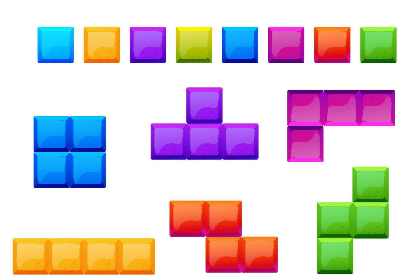 Game bricks set, colorfull blocks clasic logic game, puzzle in cartoon style isolated on white background. Creative detailed shapes. Vector illustration