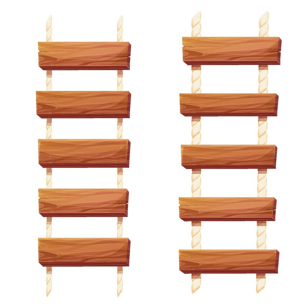 Set Wooden ladder with rope, planks hanging, staircase in cartoon style isolated on white background, Bridge, game road. Vector illustration