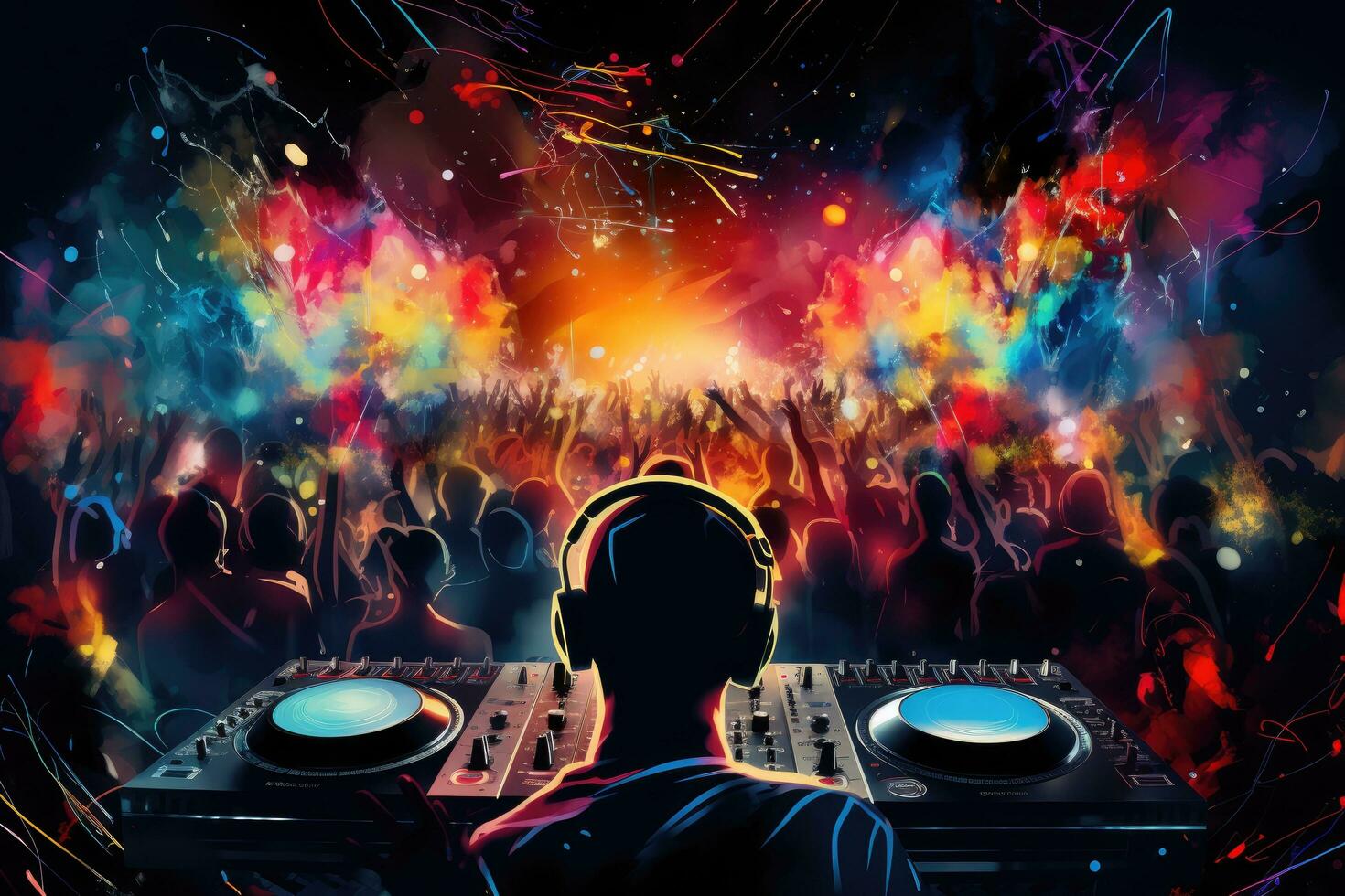 AI generated DJ mixing music on dj's deck at night club with crowd of people, DJ night club party rave with the crowd in a music festival, AI Generated photo