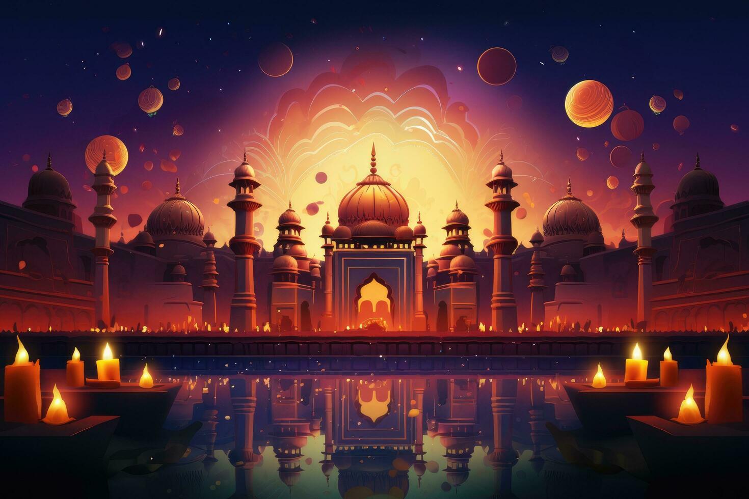 ai generado ilustración de eid Mubarak antecedentes con mezquita y velas, diwali festival de luces fondo, ai generado foto