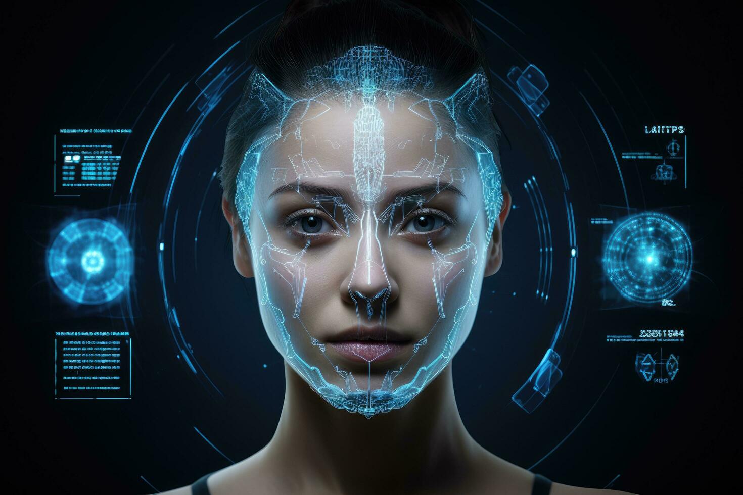 AI generated Futuristic female face with futuristic HUD interface. Future concept. 3D Rendering, Digital hologram CT scan and X-ray on a human face, presented on a dark medical screen without photo