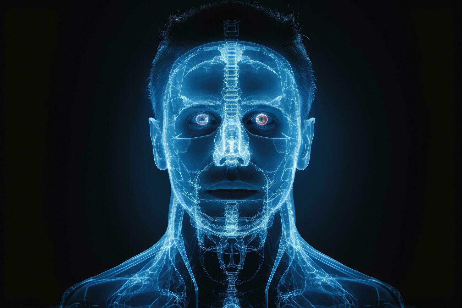 AI generated 3d rendered illustration of a male head with x-ray image, Digital hologram CT scan and X-ray on a human face, presented on a dark medical screen without revealing the real face photo