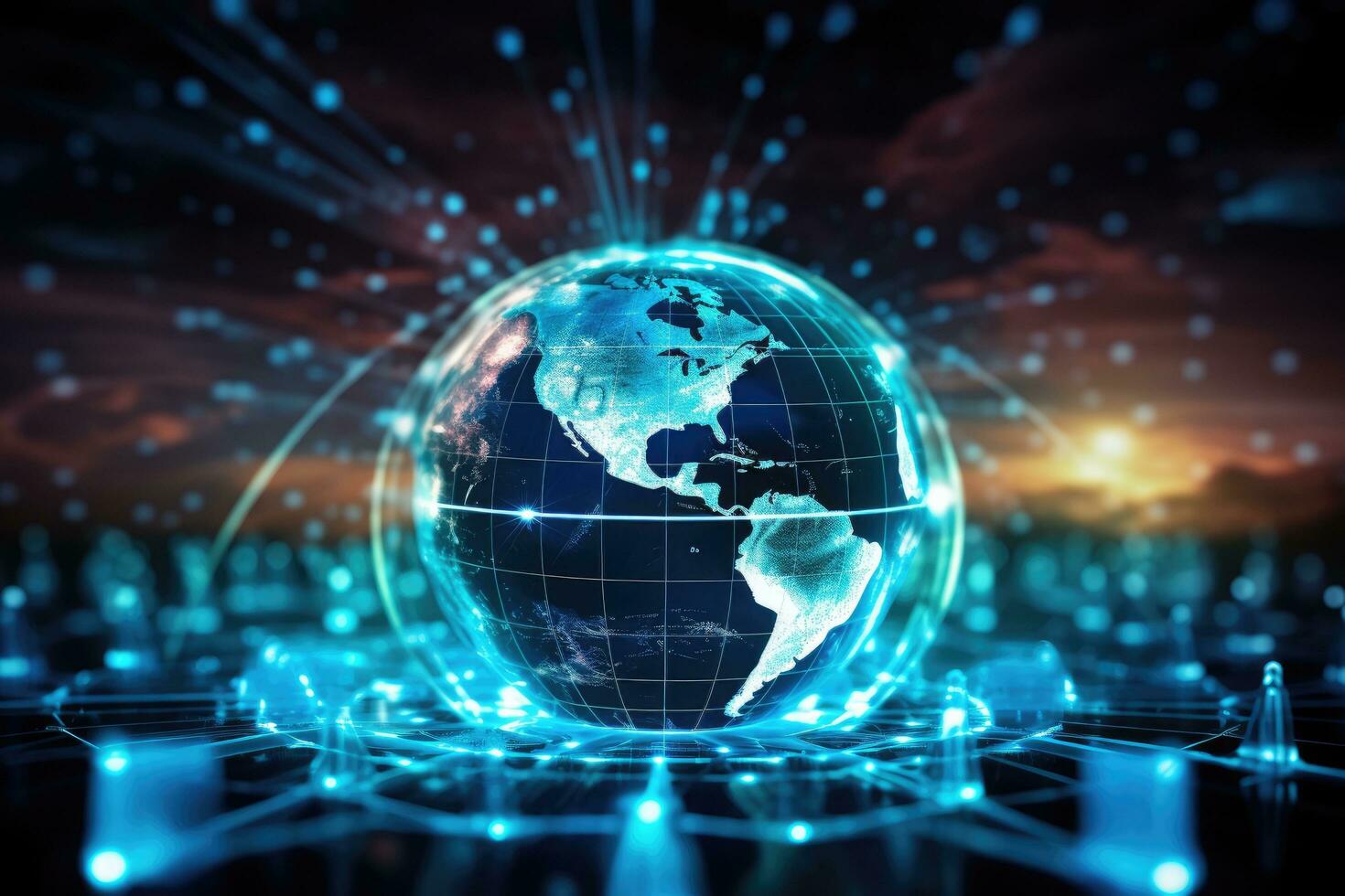 AI generated Best Internet Concept of global business. Globe, glowing lines on technological background. WiFi, rays, symbols Internet, 3D illustration, Data transfer occurring through global photo