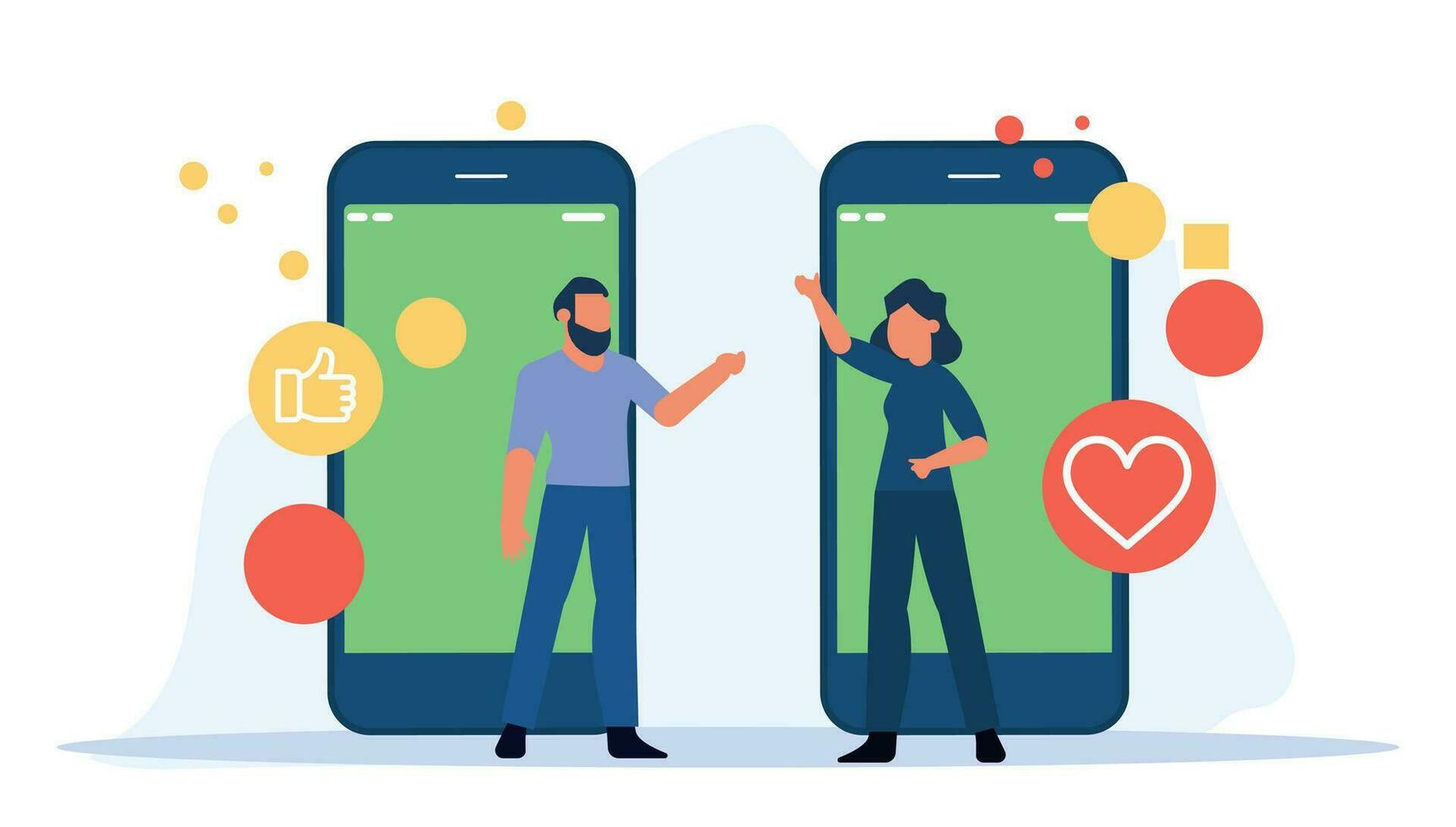 Young woman used smartphone to access online dating app, hoping to find love in digital world of social media. Couple chatted on mobile phones. Woman flirted with text messages vector illustration