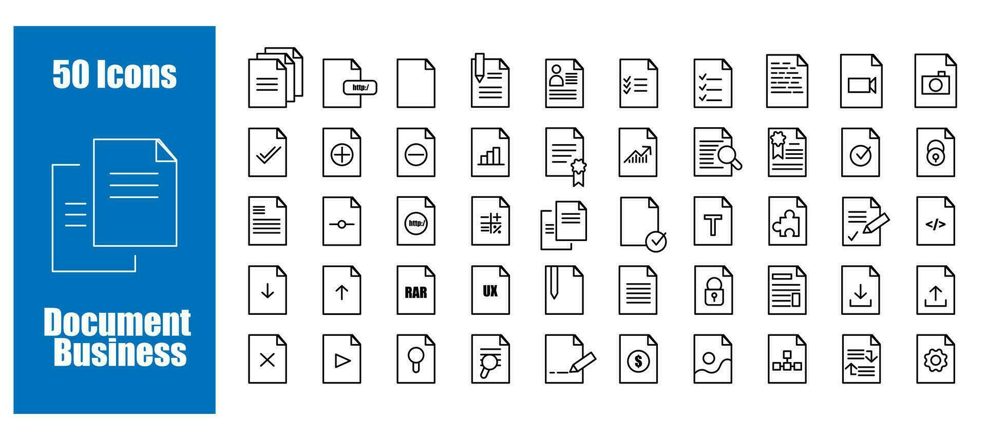 Set business document vector icon. Lined file and web doc for office. Folder symbol illustration and format pictogram report black image. Computer doc paper flat outline