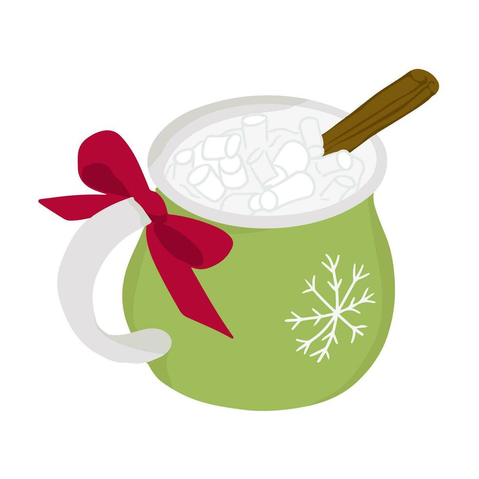Christmas hot chocolate with cinnamon stick in holiday mug. Winter holiday traditional hot drink with decoration. Vector hand drawn flat illustration in red color