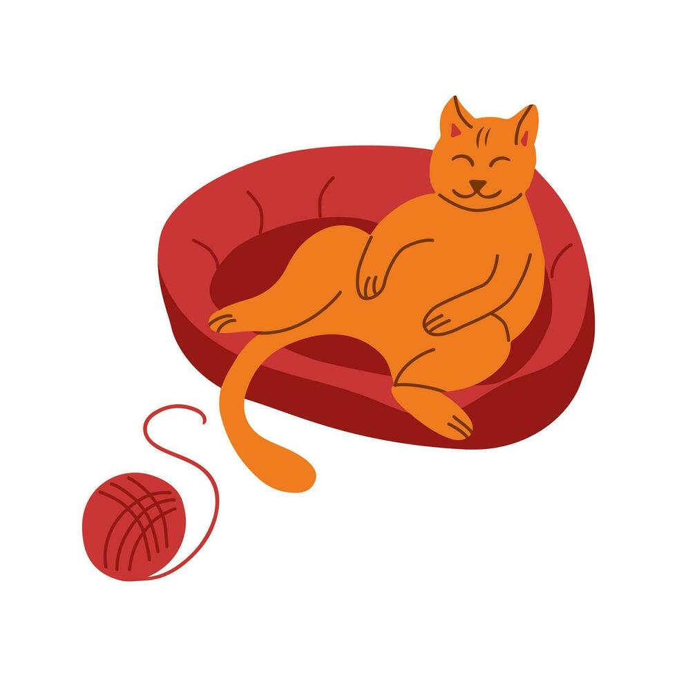 Happy cat lying on couch with ball of wool. Vector hand drawn elements in flat minimalistic style. Trendy clipart for stickers, pattern, decoration.