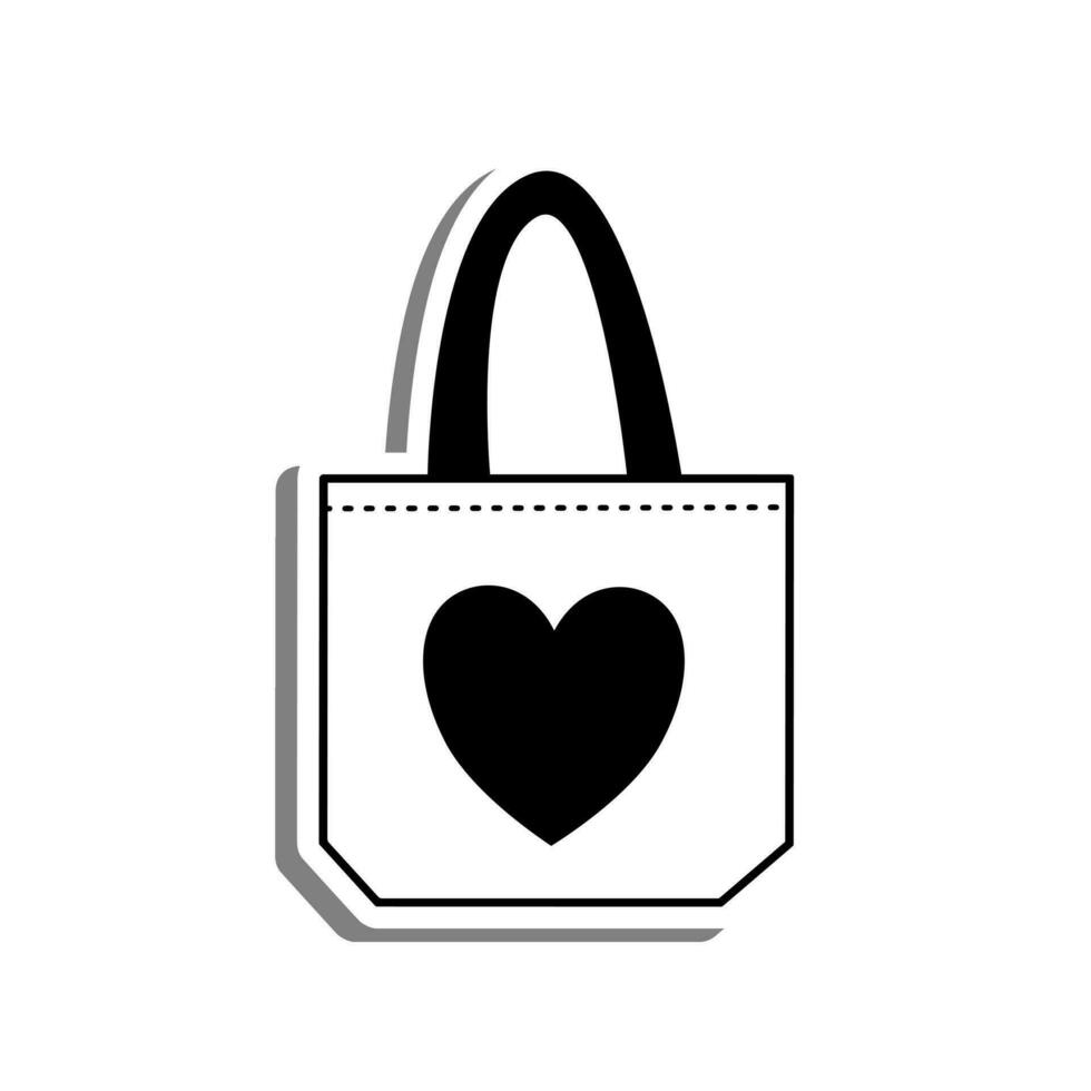 Cloth Bag with Heart Outline on white silhouette and gray shadow. Vector illustration cartoon style for decorate, coloring and any design.