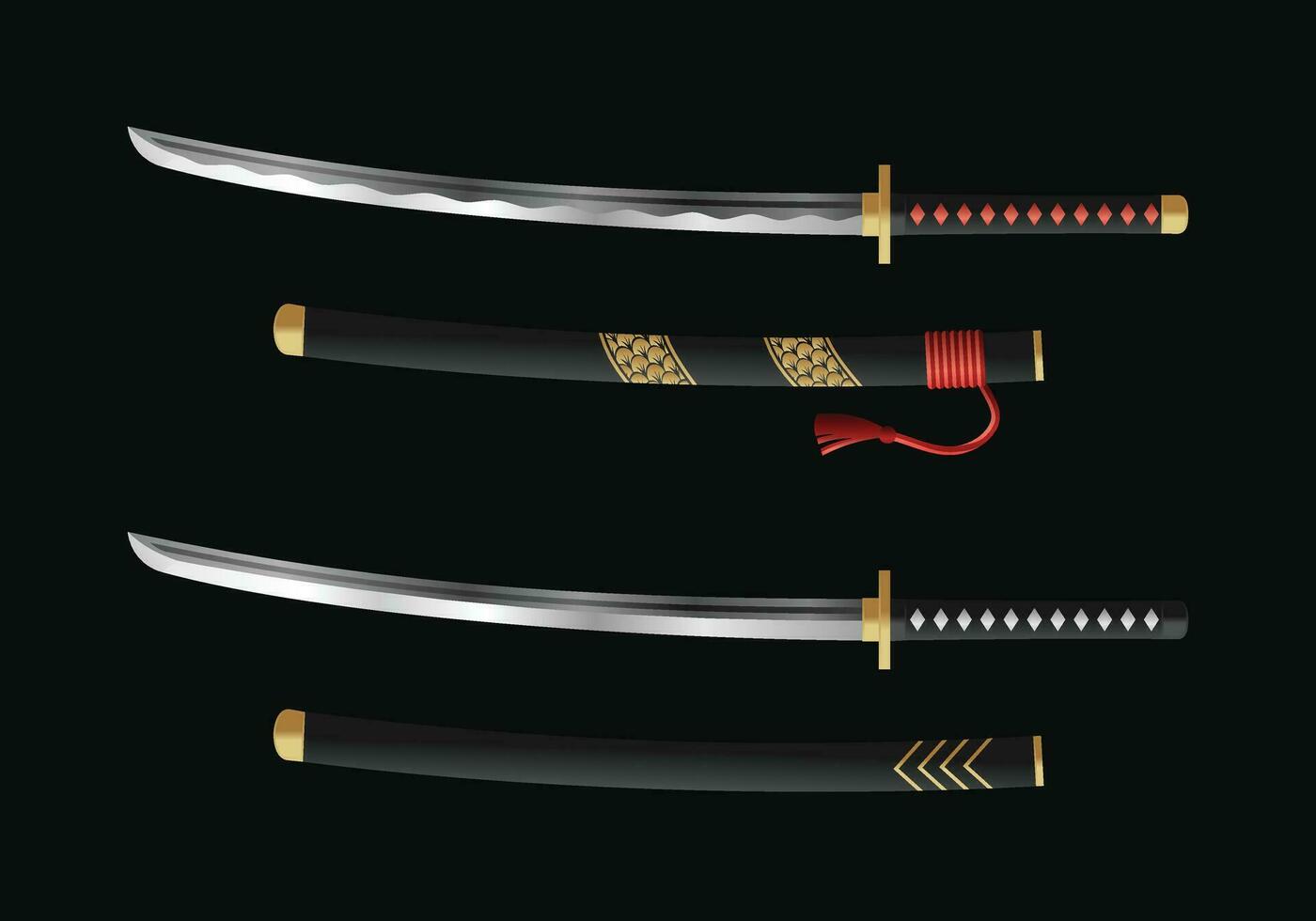 Set Of Realistic Katana Japanese Sword vector