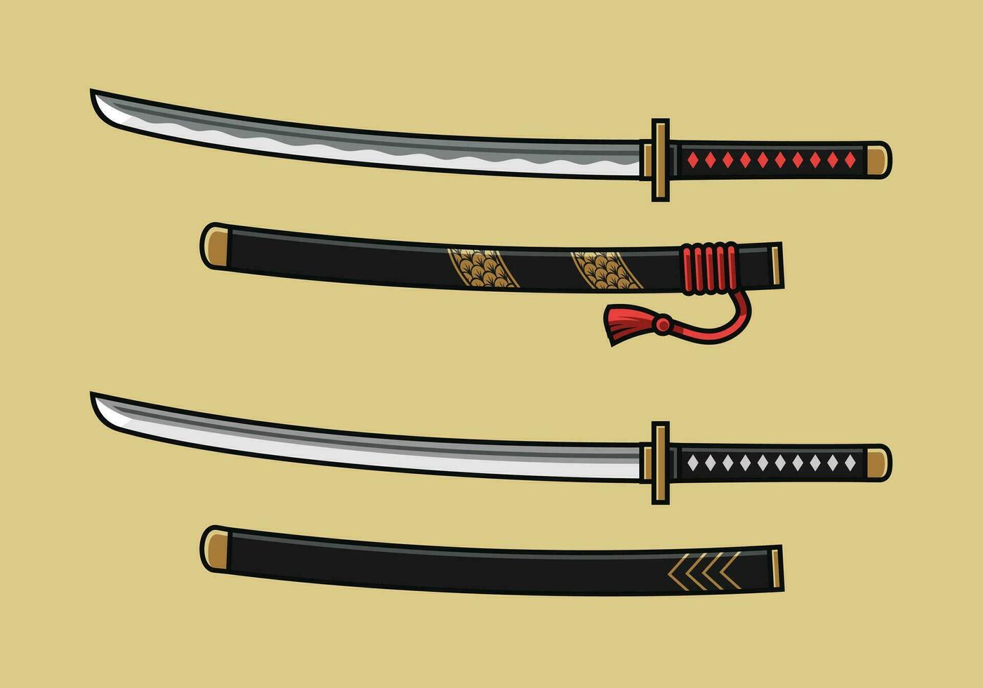 conjunto de línea Arte detalle dibujos animados katana japonés espada vector