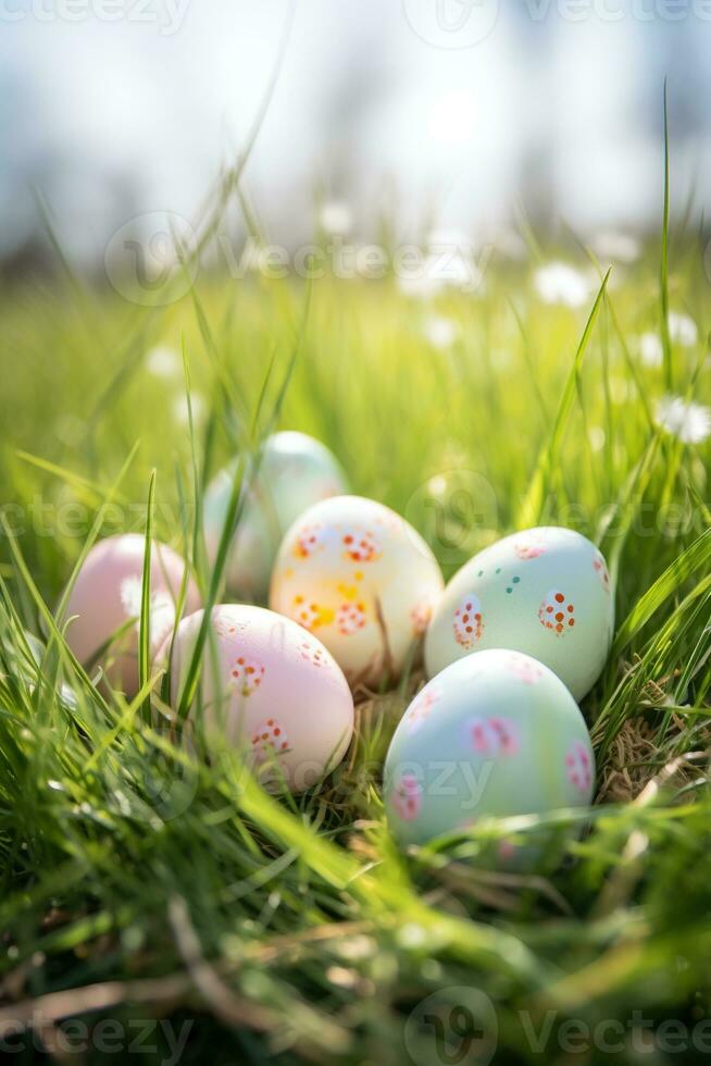 AI generated Colorful easter eggs in grass. Happy easter background. photo