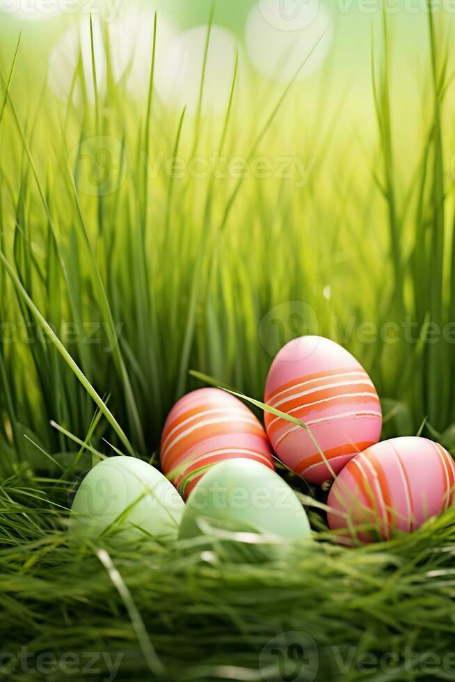 AI generated Colorful easter eggs in grass. Happy easter background. photo