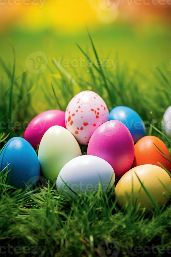 AI generated Colorful easter eggs in grass. Happy easter background. photo