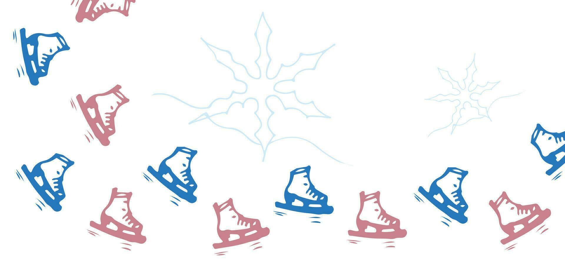 invierno deporte horizontal bandera. rojo y azul figura patines vector ilustración. garabatear color estilo. antecedentes para web, imprimir, patrón, cubrir, texto marco, bandera, tarjeta postal, correo, Copiar espacio