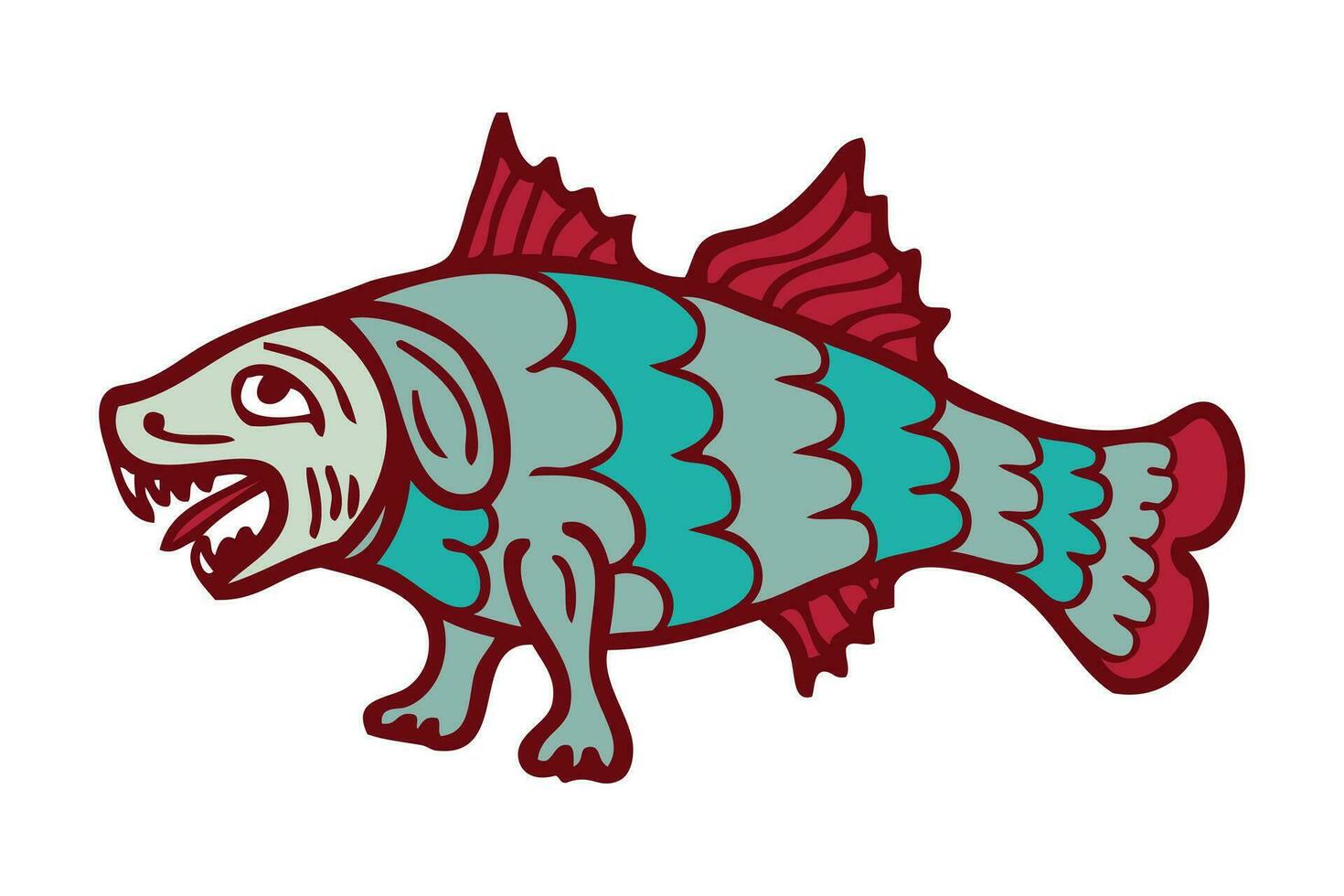 bosquejo estilo antiguo mar monstruo perro pescado con patas y orejas garabatear. Perfecto para tee, pegatina, tarjeta, póster. mano dibujado aislado vector ilustración.