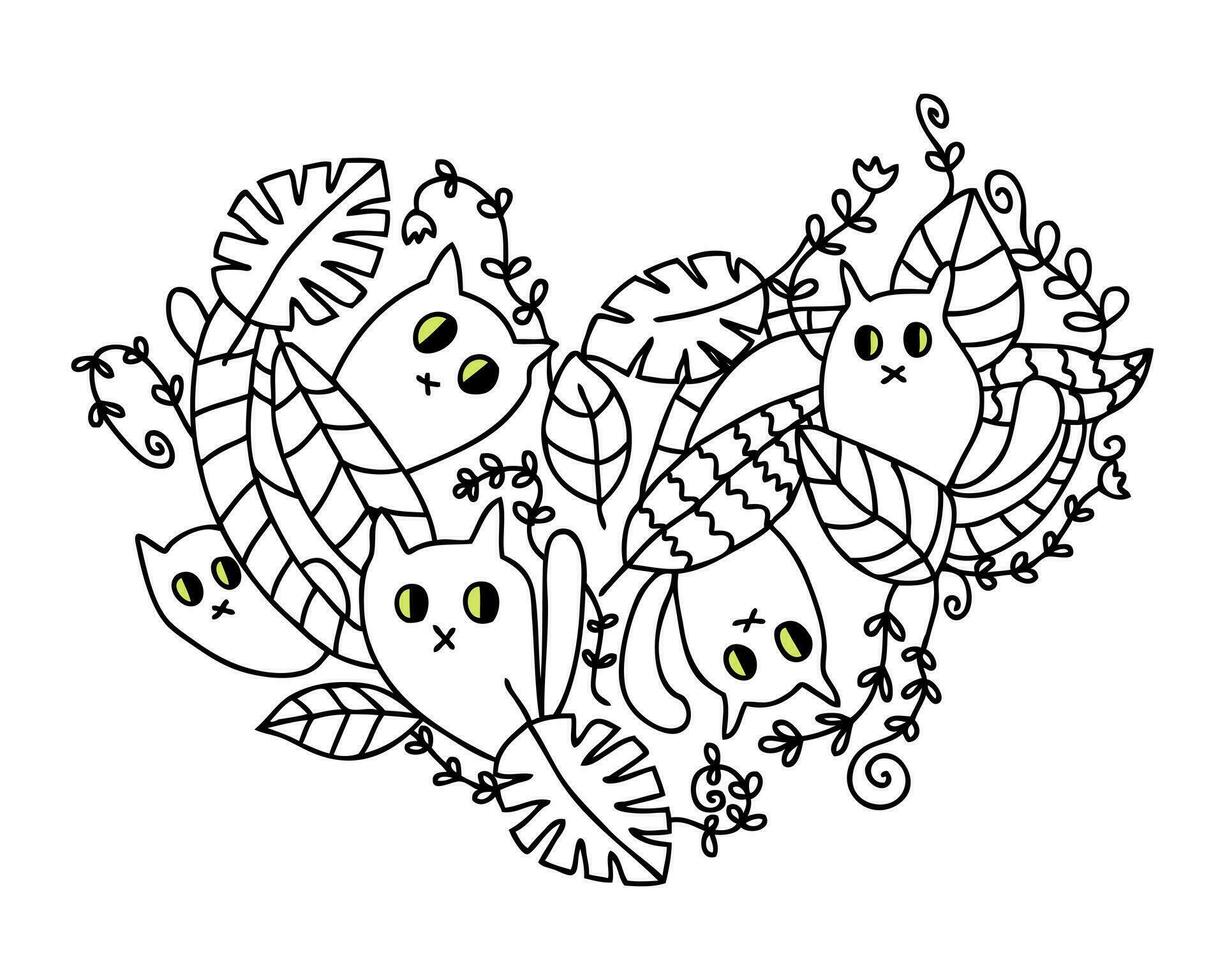 Heart shaped doodle pattern with cute cats in the rainforest. Perfect print for tee, poster, card, sticker, banner. vector