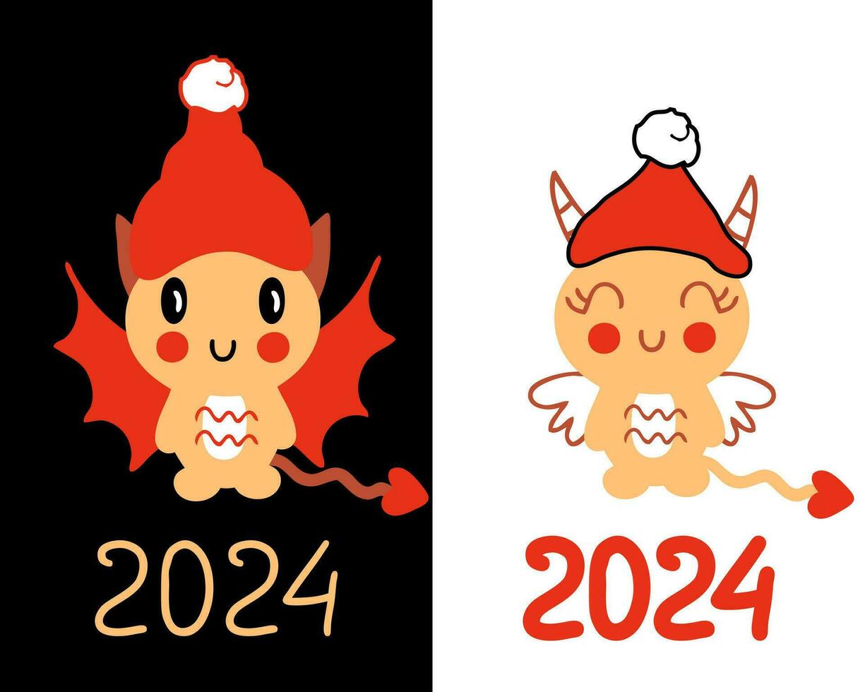 Chibi dragon cartoon character New Year 2024 template collection. Perfect vector illustration for poster, card, banner. Vertical print for decor and design.