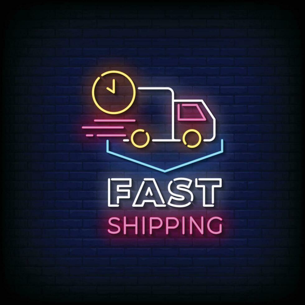 Neon Sign fast shipping with brick wall background vector