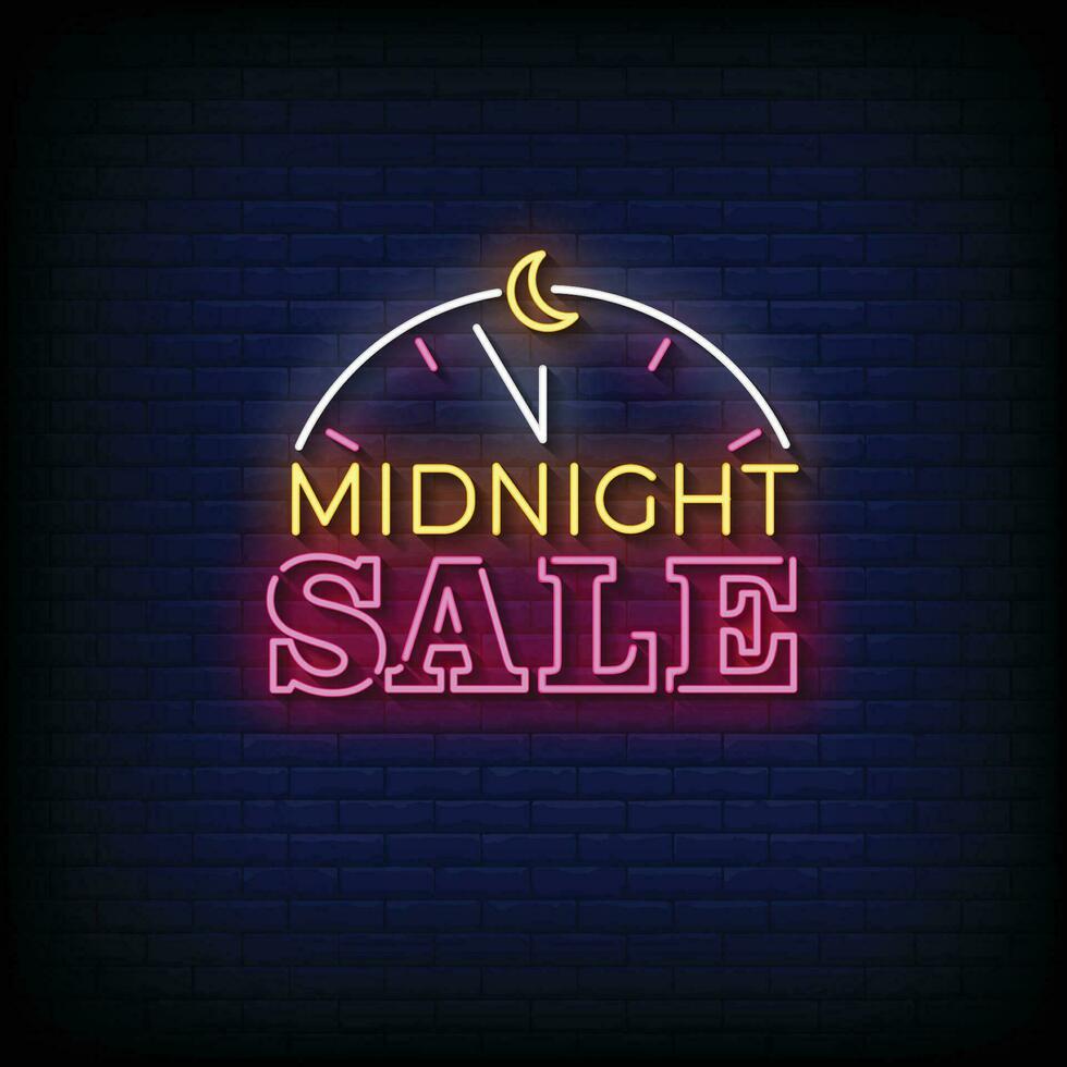 Neon Sign midnight sale with brick wall background vector