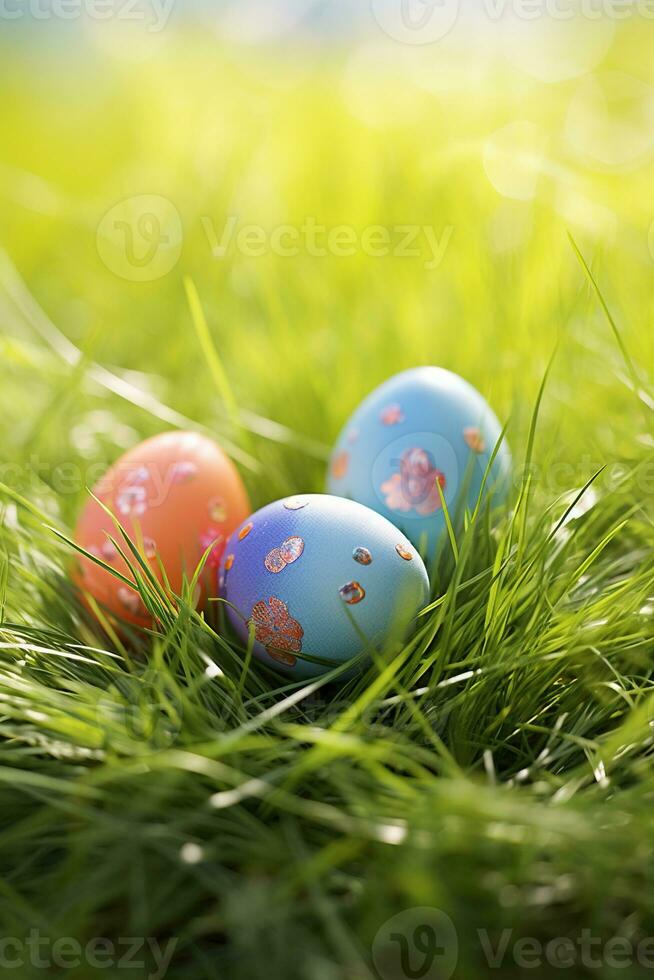 AI generated Colorful easter eggs in grass. Happy easter background. photo