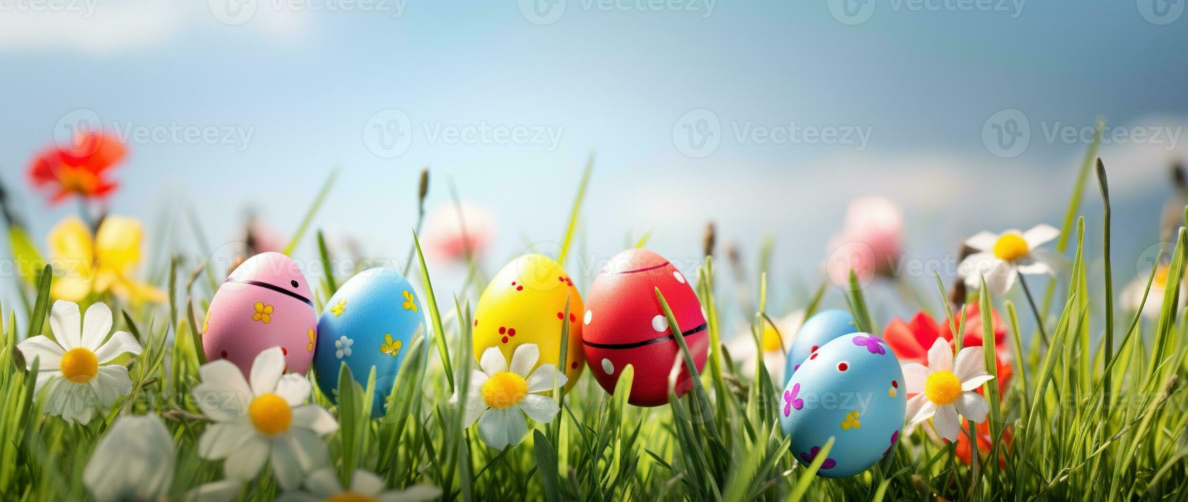 AI generated Colorful easter eggs in grass. Happy easter background. photo