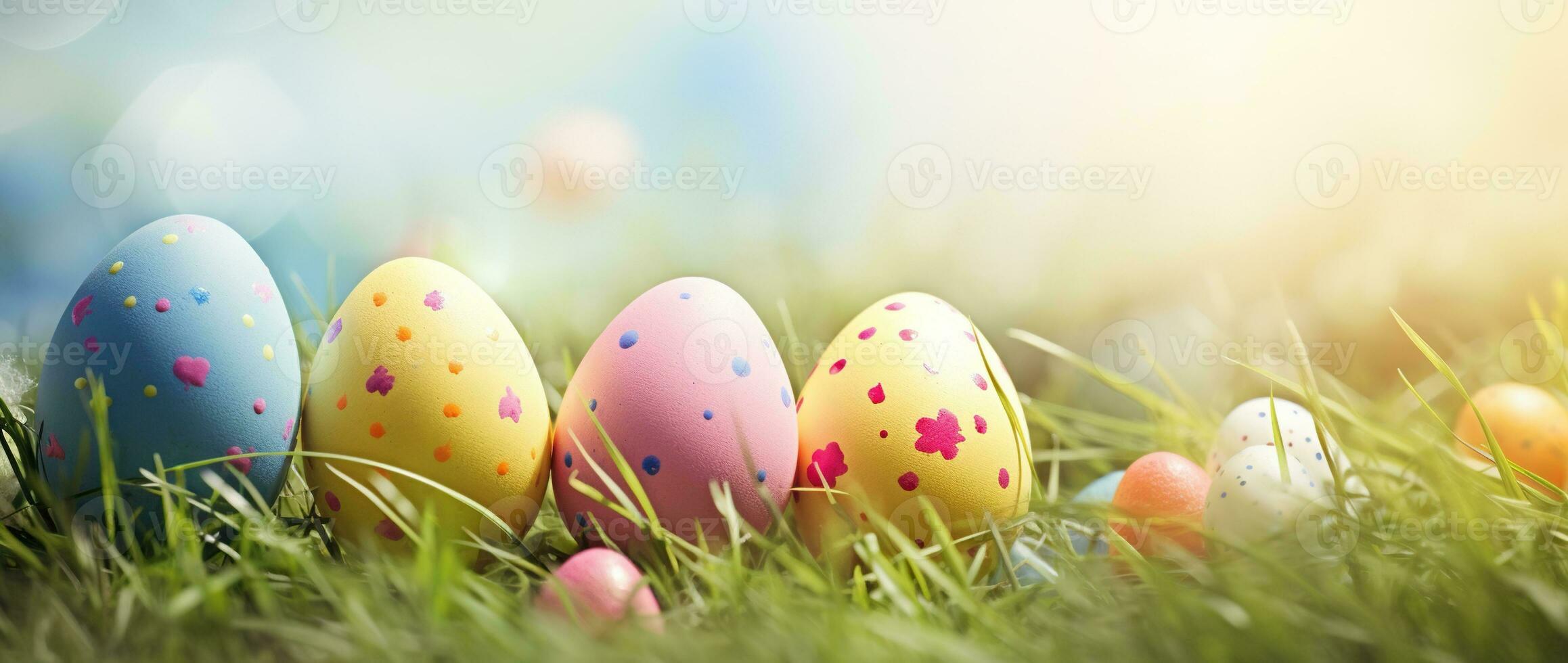 AI generated Colorful easter eggs in grass. Happy easter background. photo