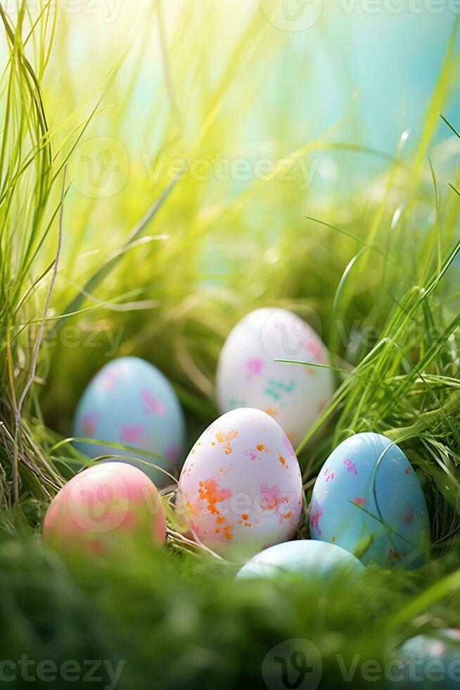 AI generated Colorful easter eggs in grass. Happy easter background. photo