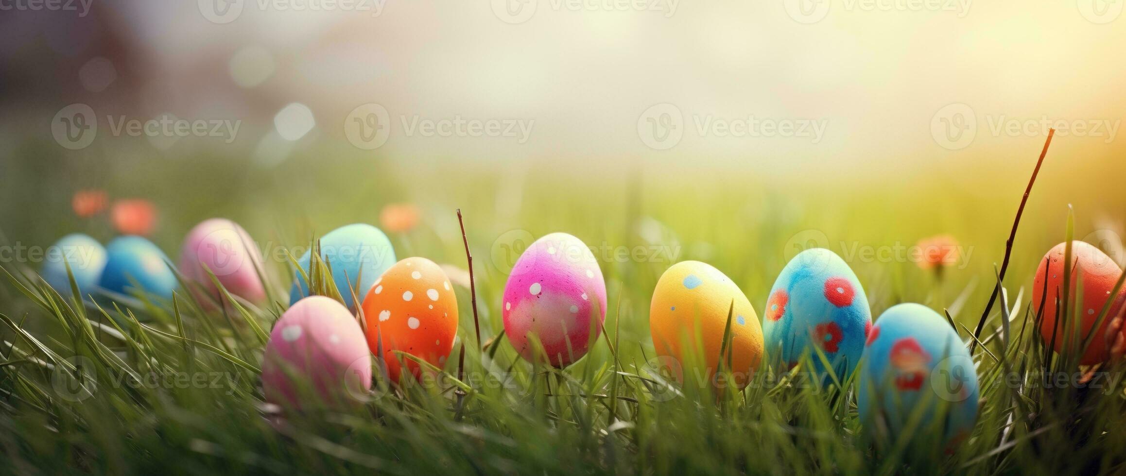 AI generated Colorful easter eggs in grass. Happy easter background. photo