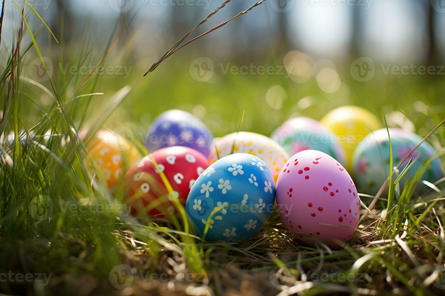 AI generated Colorful easter eggs in grass. Happy easter background. photo