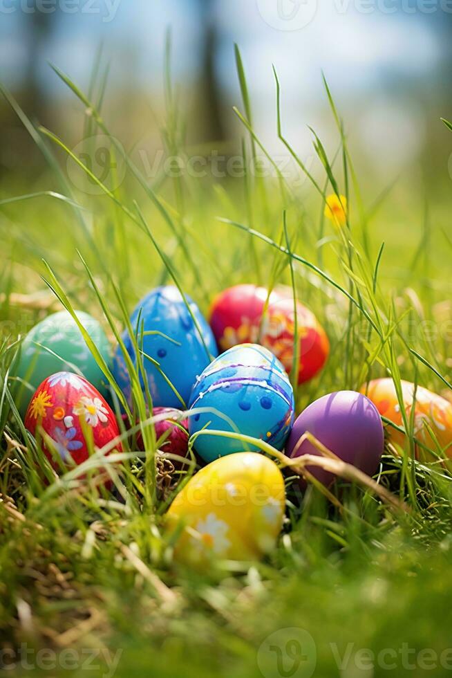 AI generated Colorful easter eggs in grass. Happy easter background. photo