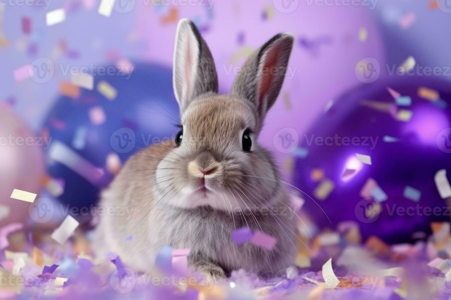 AI generated Rabbit on a lilac background surrounded by multicolor balloons and confetti photo