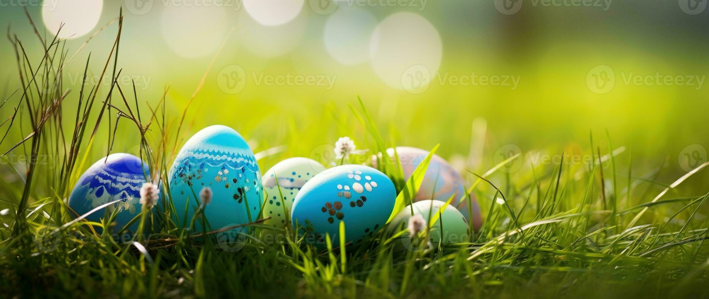 AI generated Colorful easter eggs in grass. Happy easter background. photo