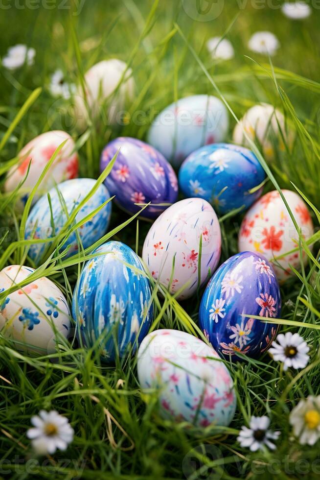 AI generated Colorful easter eggs in grass. Happy easter background. photo