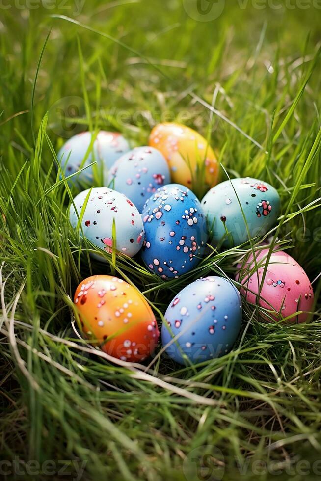 AI generated Colorful easter eggs in grass. Happy easter background. photo