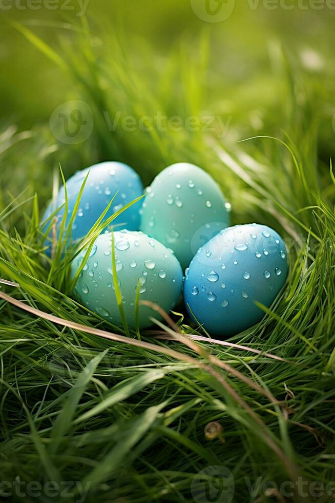 AI generated Colorful easter eggs in grass. Happy easter background. photo