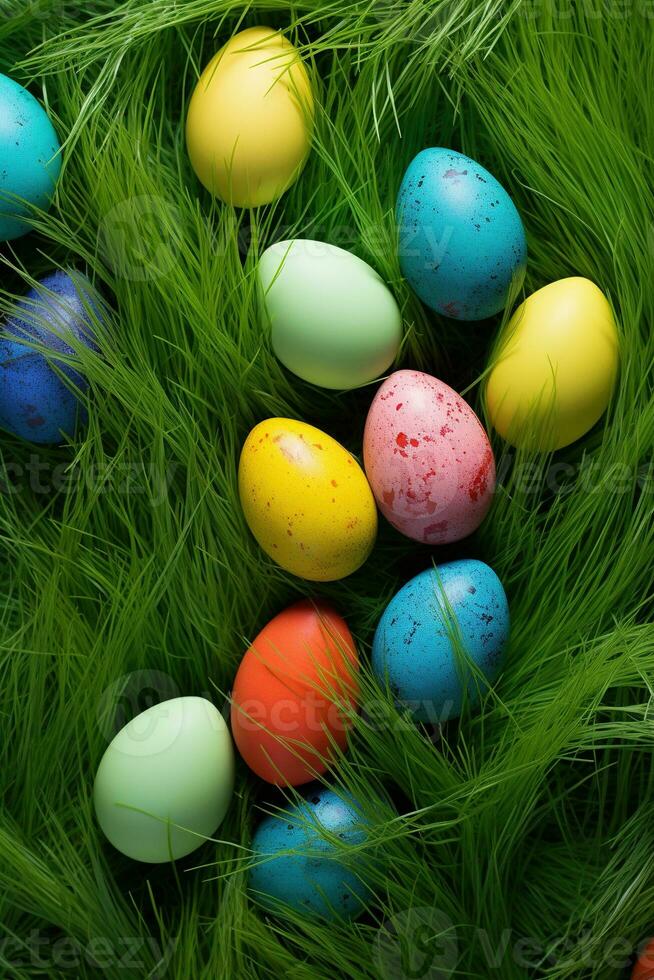 AI generated Colorful easter eggs in grass. Happy easter background. photo